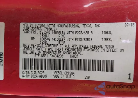 2015 Toyota Tundra Sr5 5.7L V8 из США, поврежденный, VIN 5TFUW5F11FX484290